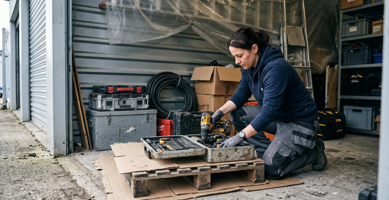 Une artisante range une perceuse dans une mallette métallique sur une palette dans un box.