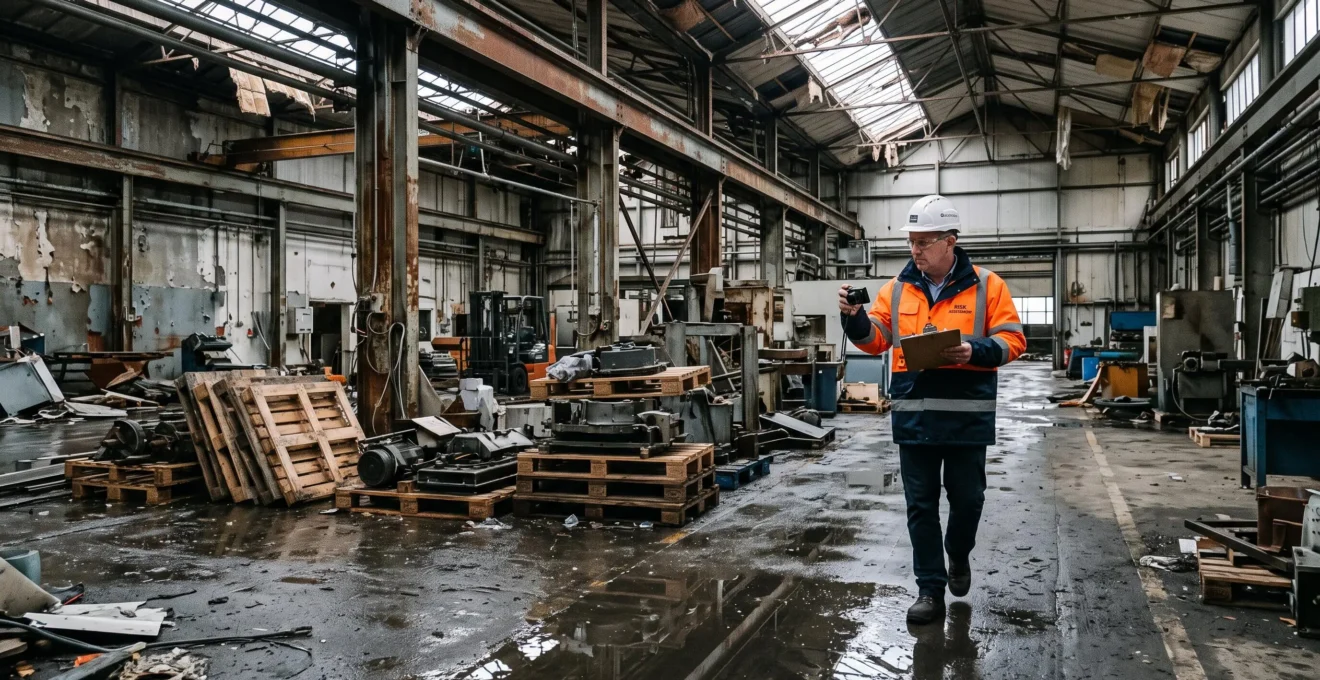 Un expert d'assurance documente les dégâts des eaux dans un bâtiment industriel sinistré.