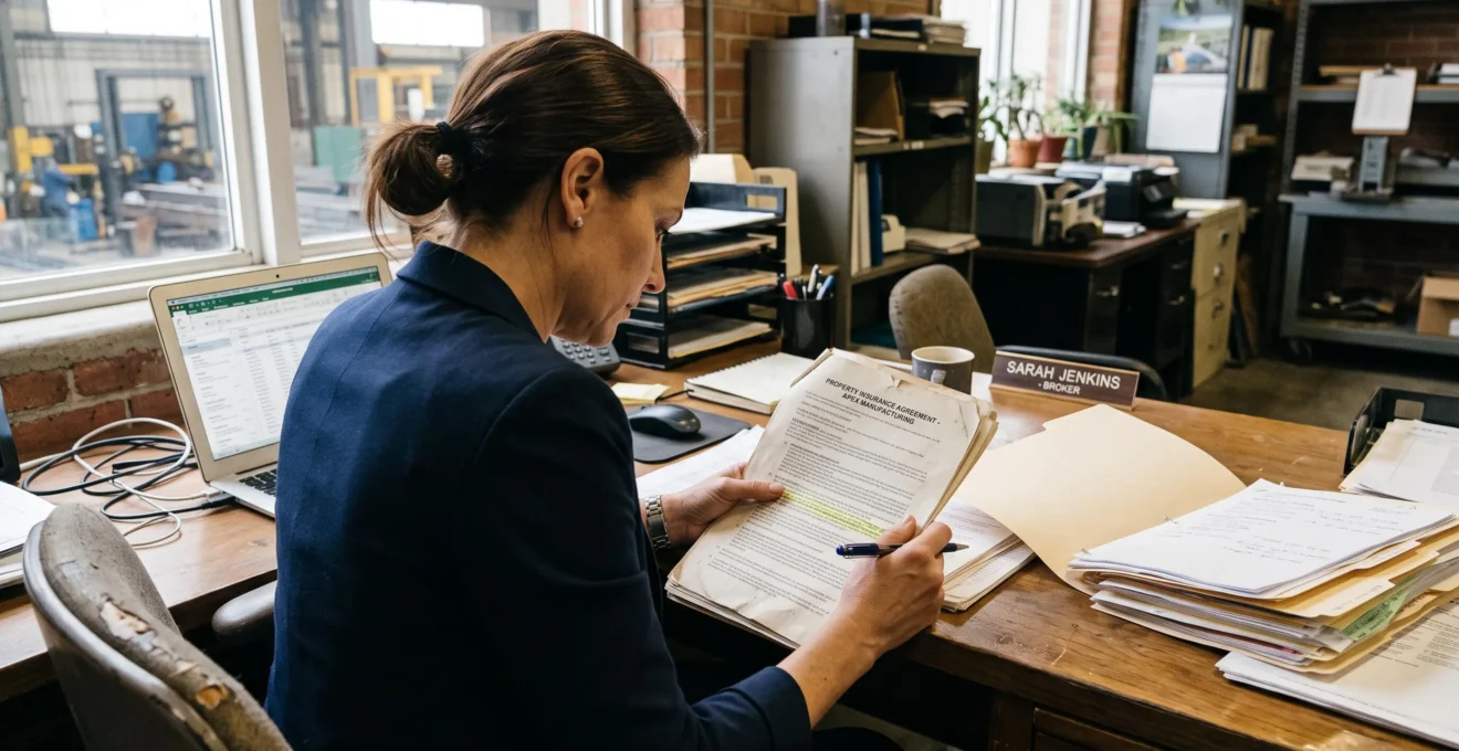 Un courtier examine attentivement les clauses d'un contrat d'assurance au bureau.