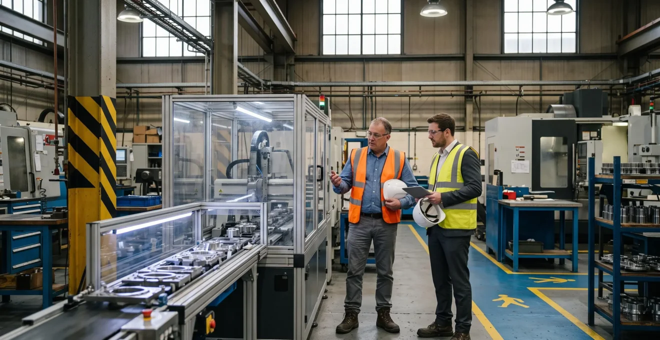 Un dirigeant et un conseiller discutent devant une ligne de production à l'arrêt.