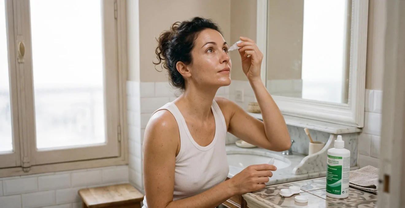 Une femme instille une goutte oculaire devant son miroir de salle de bain, lentilles retirées.