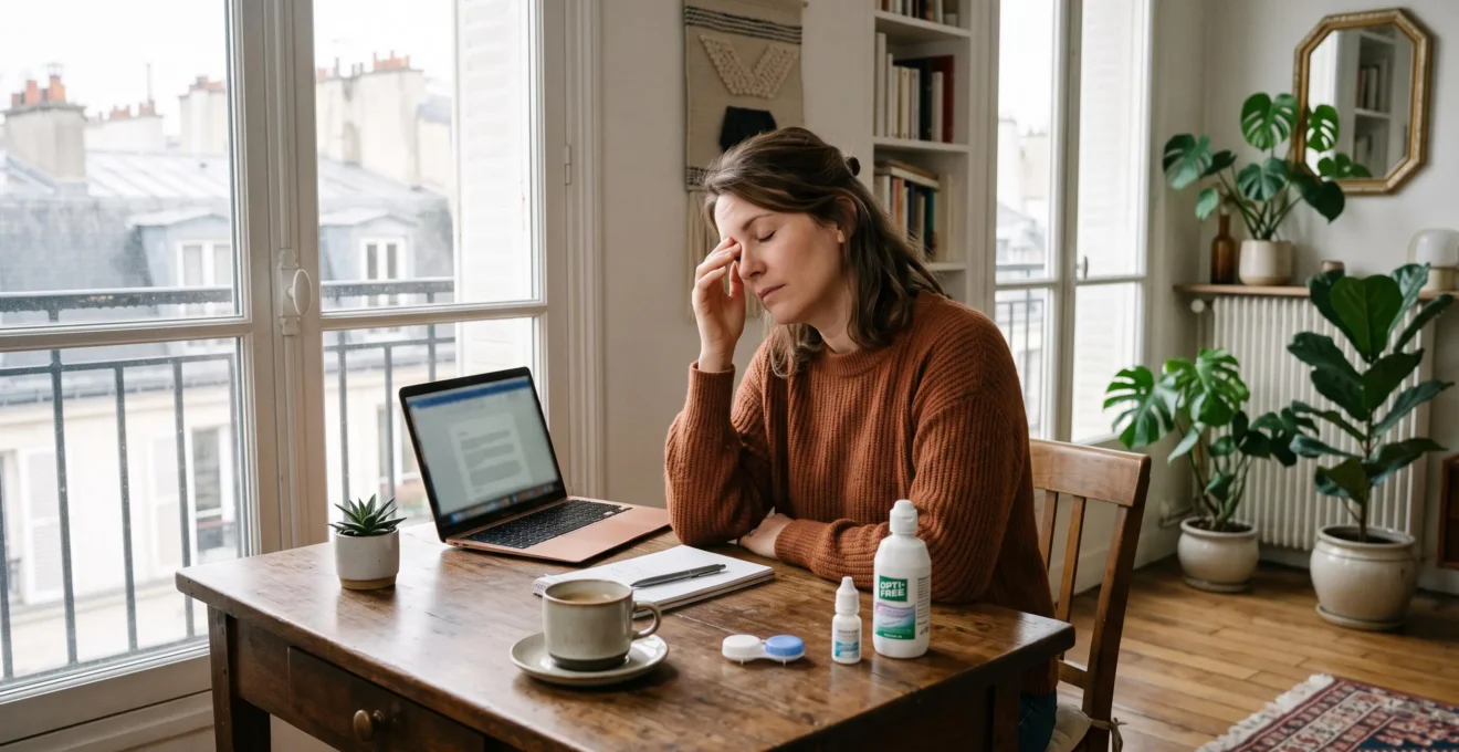 Une femme fait une pause face à son ordinateur, produits d'hydratation posés à côté.