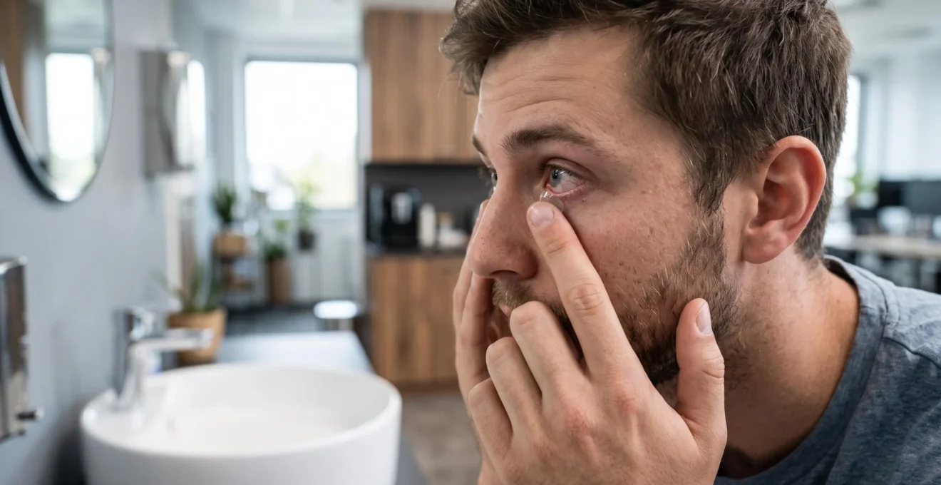 Un jeune homme retire prudemment sa lentille de contact au-dessus d'un lavabo.