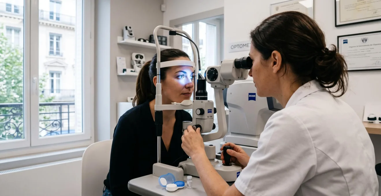 Un optometriste examine l'œil d'une patiente porteuse de lentilles à la lampe à fente.