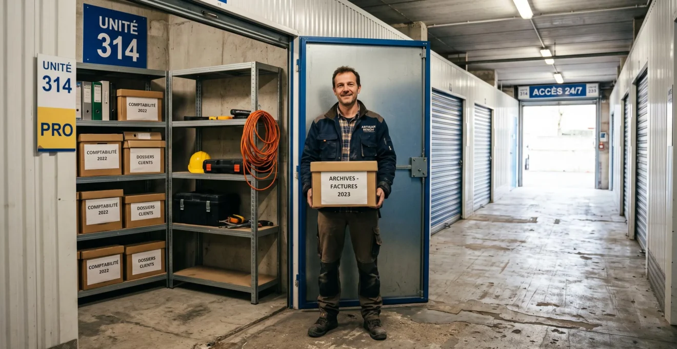 Un professionnel dépose un carton d'archives dans un box de stockage équipé de rayonnages.