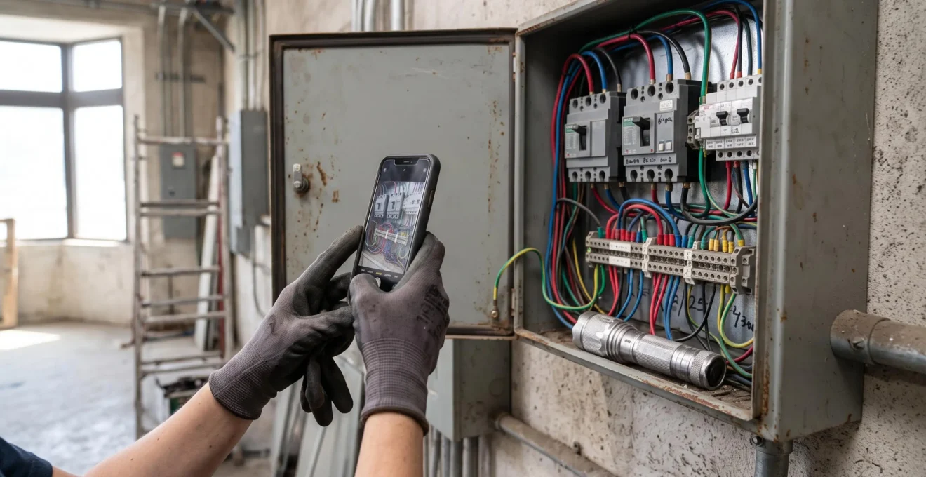Un technicien photographie un tableau électrique pour documenter l'état des installations.
