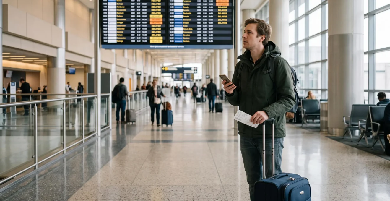 Un voyageur hésitant consulte son téléphone dans un hall d'aéroport devant le tableau des départs.