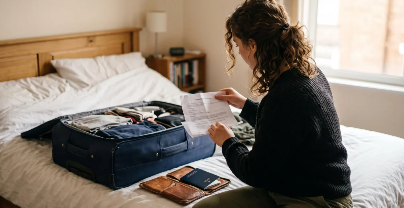 Un voyageur range une attestation d'assurance dans une pochette avec son passeport avant le départ.